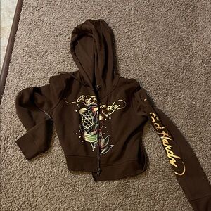 Ed Hardy Dark Brown Cropped Hoodie with Graphic Design